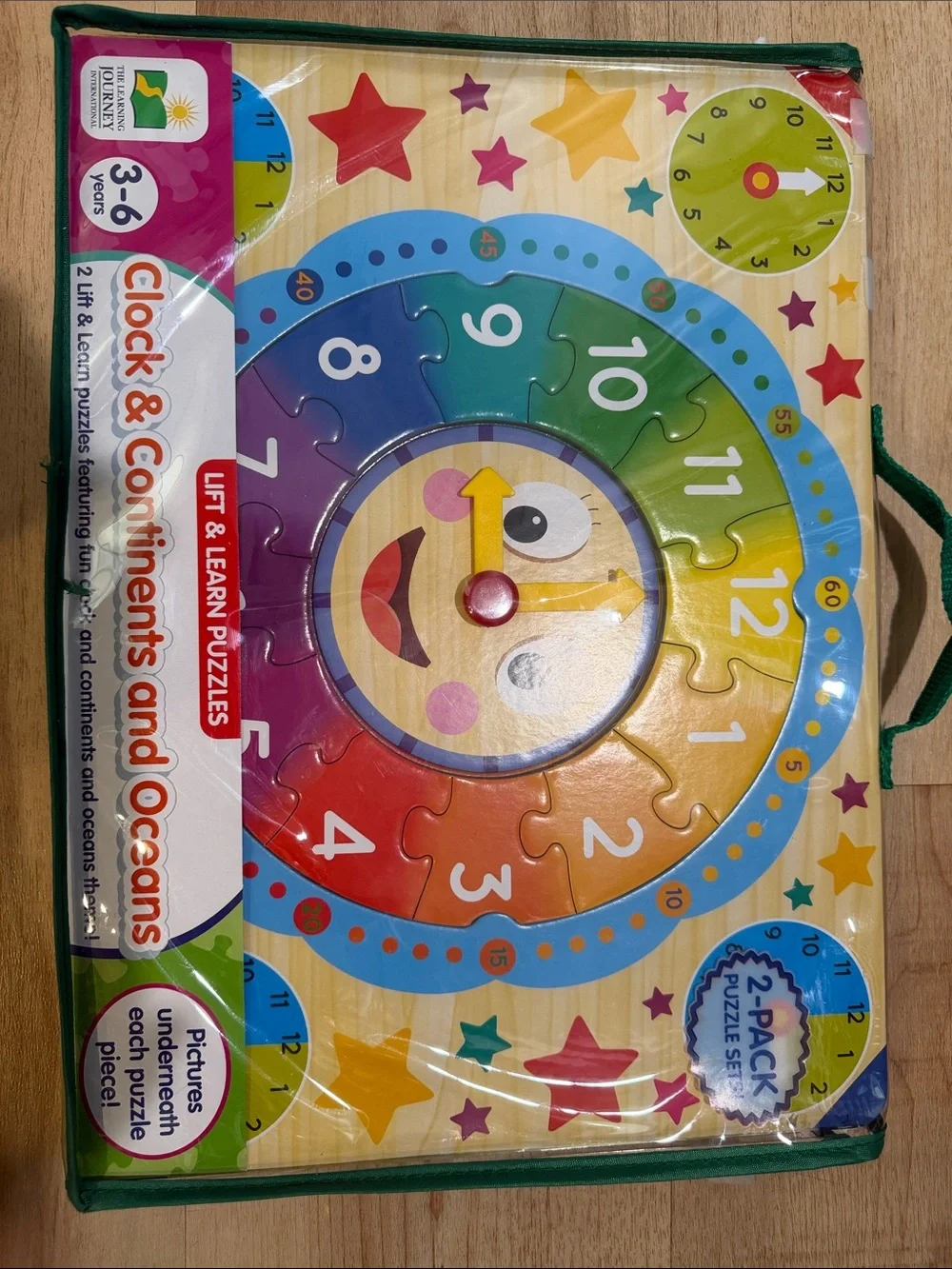 Clock & Continents and Oceans Kids Learning Puzzle - Rainbow